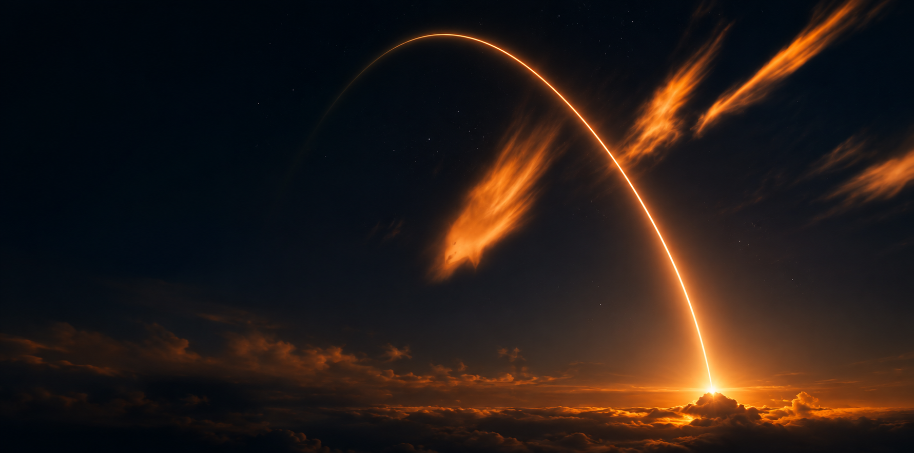 A rocket's launch arc curving above the clouds at dusk