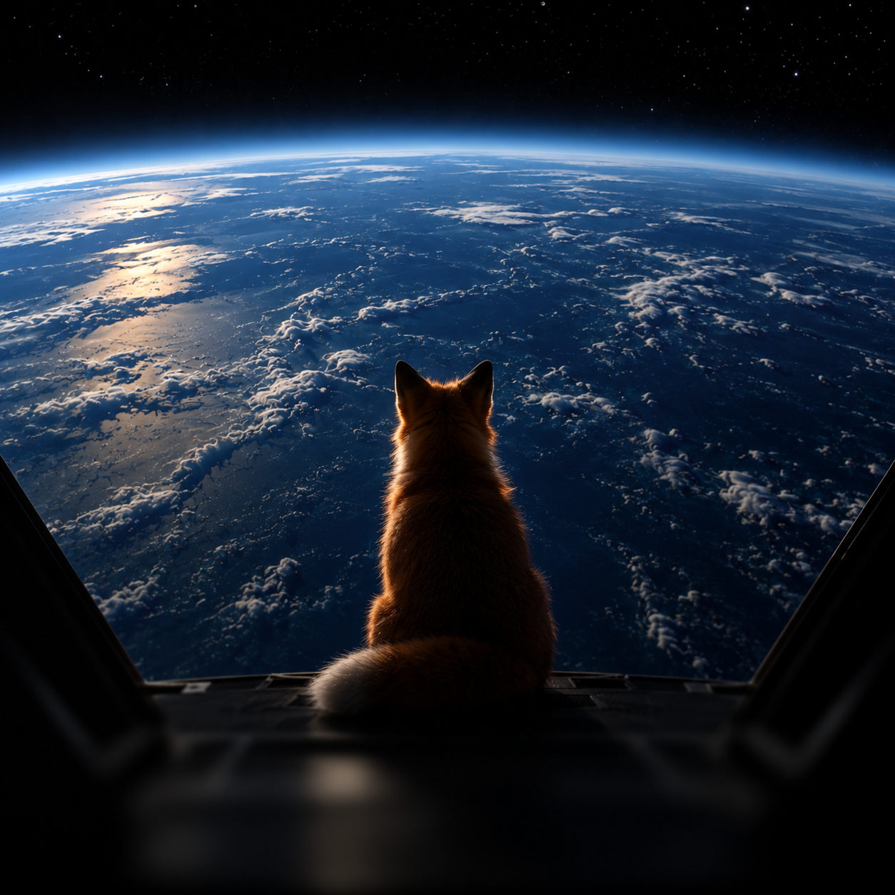 A fox looking down at Earth from a spacecraft doorway