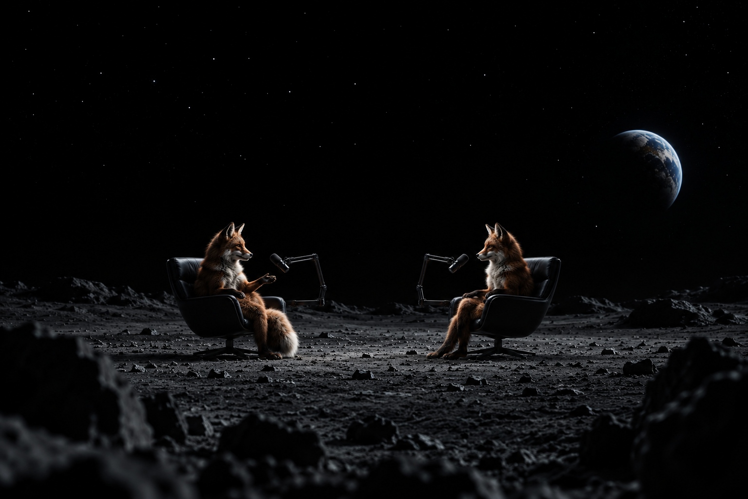 Two foxes recording a podcast in armchairs on the moon